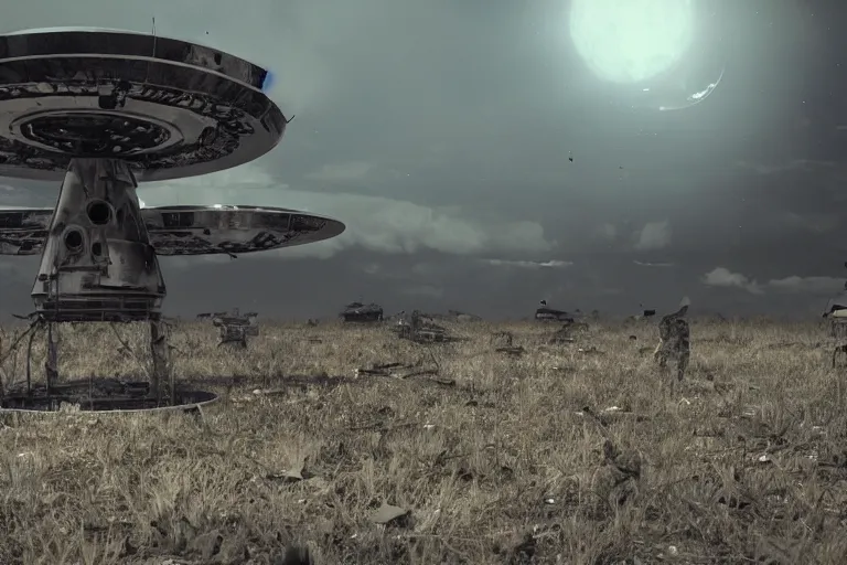 Image similar to leaked top secret footage of an ufo chrash site, military inspecting, vintage old shot with an old camera, intricate details, eerie, highly detailed, photorealistic, octane render, 8 k, unreal engine.