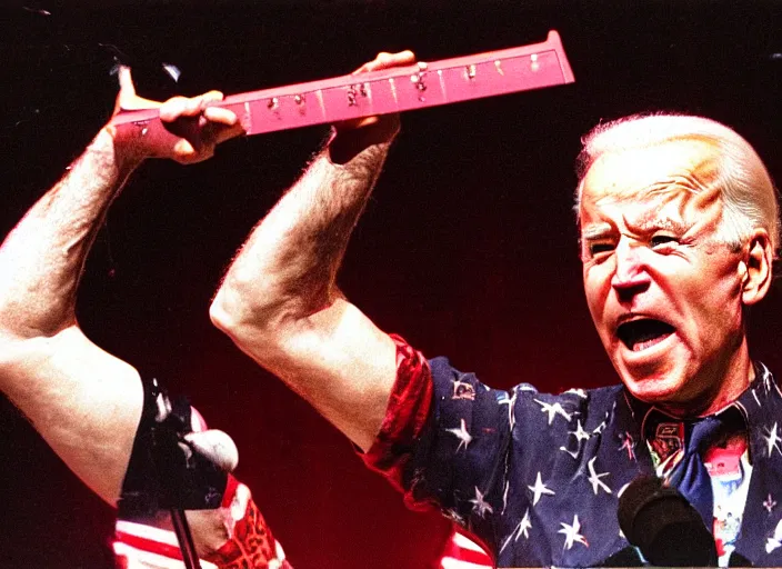 Image similar to publicity photo still of joe biden in gwar live on stage 1 9 9 8, 8 k, live concert lighting, mid shot