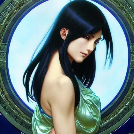 Image similar to intricately detailed vfx portrait of nico robin by eiichiro oda!, makoto shinkai, alphonse mucha, art by artgerm and greg rutkowski!, blue eyes!!, large aquiline nose!!, best of behance, concept art, matte, sharp focus, adolphe bouguereau, annie leibovitz, stanley kubrick,