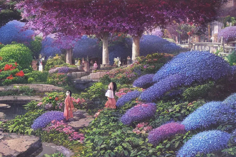 Image similar to oil painting, super - detailed scene spirited away, cyberpunk garden, agbogbloshie, indigo blooming flowers garden, japanese sci - fi books art, artwork by jean giraud, hd, 4 k, high quality