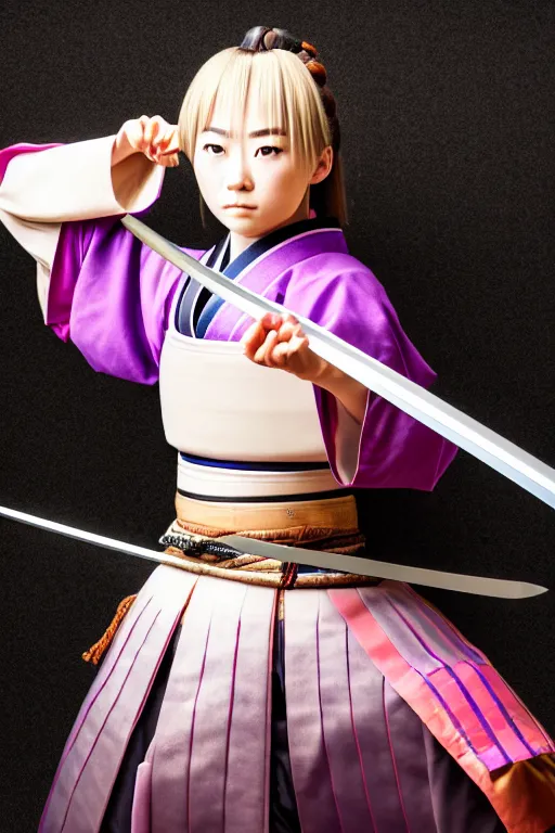 Image similar to highly detailed beautiful photo of a young female samurai, practising sword stances, symmetrical face, beautiful eyes, realistic anime art style, 8 k, award winning photo, pastels, action photography, 1 / 1 2 5 shutter speed, dramatic lighting