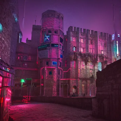 Image similar to cyberpunk landscape of medieval london with a castle. neon. night scene. glow. digital art. octane render.