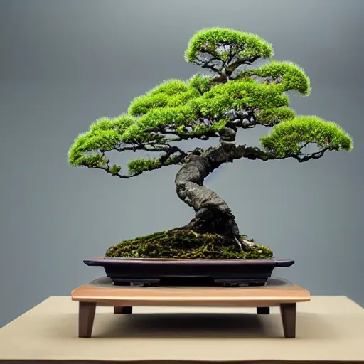 Prompt: bonsai on a elegant ebene table in room with window viewing japanese montains from hill, anatomic description, gems, gold, 8 k, details, studio lighting, realism, complex lights