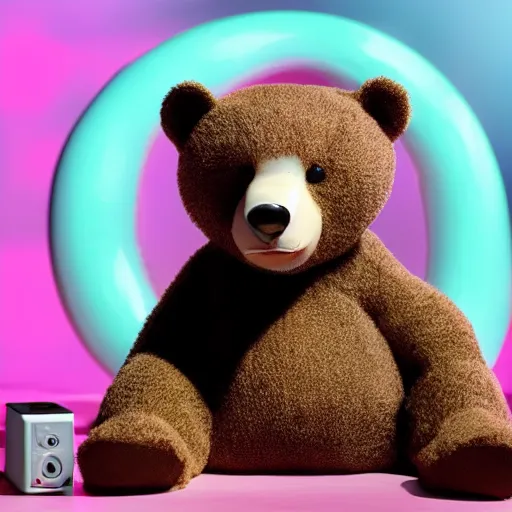 Image similar to A bear sitting in front of a 90s compute, cute, pastel, bubbly