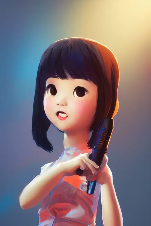 Prompt: a portrait of cute Asian girl singing, short hair, in the style of DreamWorks animation, low angle view, 16mm lens, award winning, hyper detailed, dramatic lighting, artstation, octane renderer, unreal engine