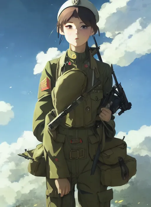 Image similar to portrait of cute soldier girl, cloudy sky background lush landscape illustration concept art anime key visual trending pixiv fanbox by wlop and greg rutkowski and makoto shinkai and studio ghibli and kyoto animation soldier clothing military gear realistic anatomy mechanized