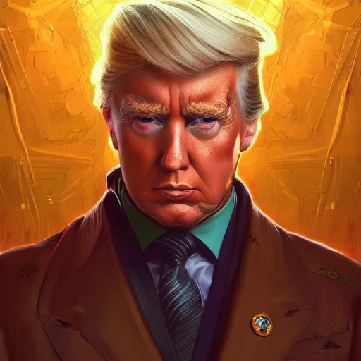 Prompt: retrò character portrait Painting of a futuristic trump, stupid mood, intricate, wild, highly detailed, digital painting, artstation, concept art, smooth, sharp focus, illustration, art by artgerm and greg rutkowski and alphonse mucha