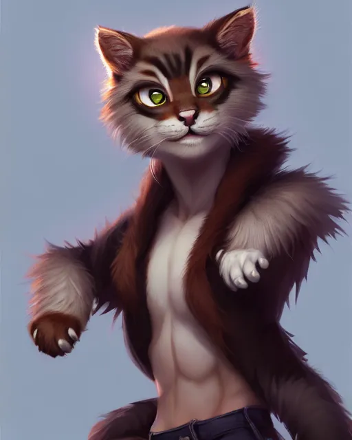 Image similar to character concept art of a young male anthropomorphic furry cat | | cute - fine - face, pretty face, key visual, realistic shaded perfect face, fine details by stanley artgerm lau, wlop, rossdraws, james jean, andrei riabovitchev, marc simonetti, and sakimichan, trending on artstation