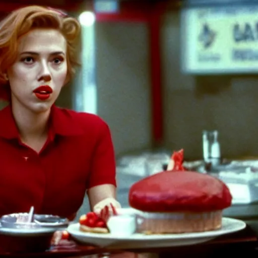 Image similar to Scarlett Johansson serving cherry pie at the double r diner in Twin Peaks (1990)