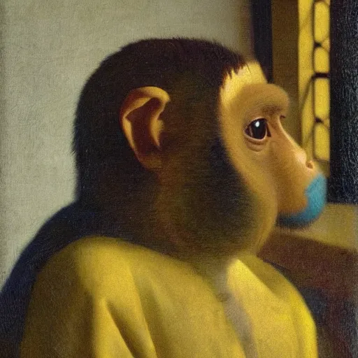 Image similar to a philosopher monkey lost deep in thought, portrait, by vermeer