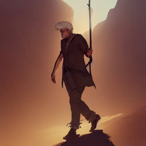 Prompt: a young man with gray hair,a stylish beard,walking through a desert with a glowing stick,digital art,art by greg rutkowski,trevor henderson,rossdraws,character design,concept art,western comic style,sharp lines,photorealiatic,hyperdetailed,detailed face,high quality,professional lighting,deviantart,artstation,professional art