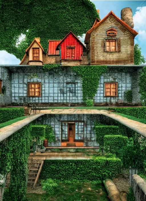 Image similar to a dreamy old homestead in the style of mc escher, hyper realistic art, 4 k, hyper realistic, coherent design, symmetrical, vivid colour, trending on art station, in the style of pi - slices, complementary colour, golden ratio, detailed, sharp lines, intricate, rainbow shift, in unreal 3 d engine, ray tracing, octane render