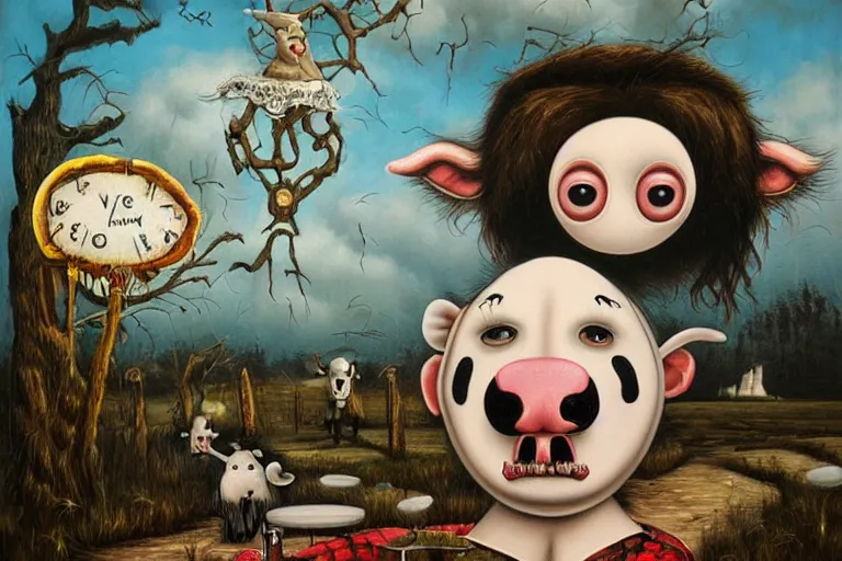 Image similar to 'Wherever you go, a cow is always watching you', lowbrow painting by Mark Ryden