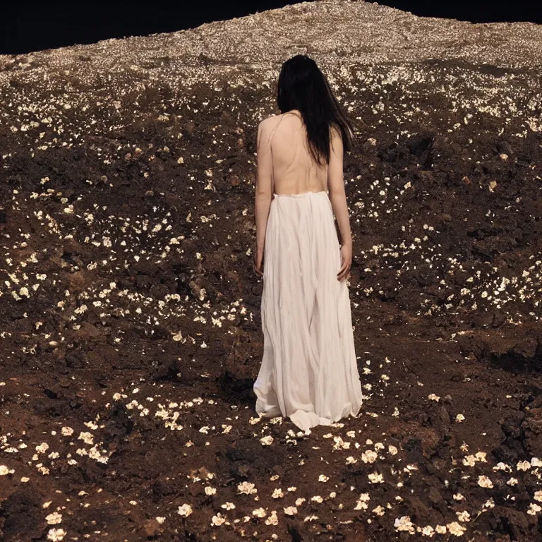 Prompt: The full body shot of beautiful pale woman with many flowers and full-face black mask with glowing halo inside a thick black smoke in rocky desert landscape, glowing eyes, falling star on the background, burning earth by Christopher Doyle, Gaspar Noe, Alejandro Jodorowsky, anamorphic lens, cinematic composition, award winning photo, 8k