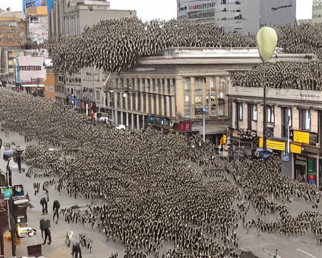 Image similar to swarm of flying imps. infestation in the city. city dwellers run for their lives. terrorist attack.