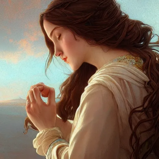 Image similar to jesus kissing a maria maddalena, intricate, elegant, highly detailed, digital painting, artstation, concept art, matte, sharp focus, illustration, art by artgerm and greg rutkowski and alphonse mucha