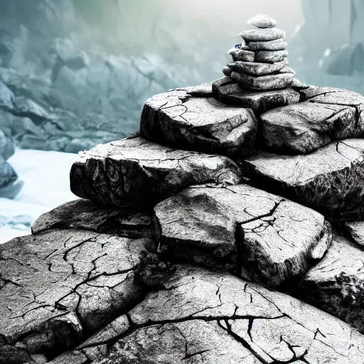 Image similar to a closeup photorealistic photograph of a rock tower with some leaves, in an icy place, fantastic four theme.. bright scene. fine detail. this 4 k hd image is trending on artstation, featured on behance, well - rendered, extra crisp, features intricate detail, epic composition and the style of unreal engine.