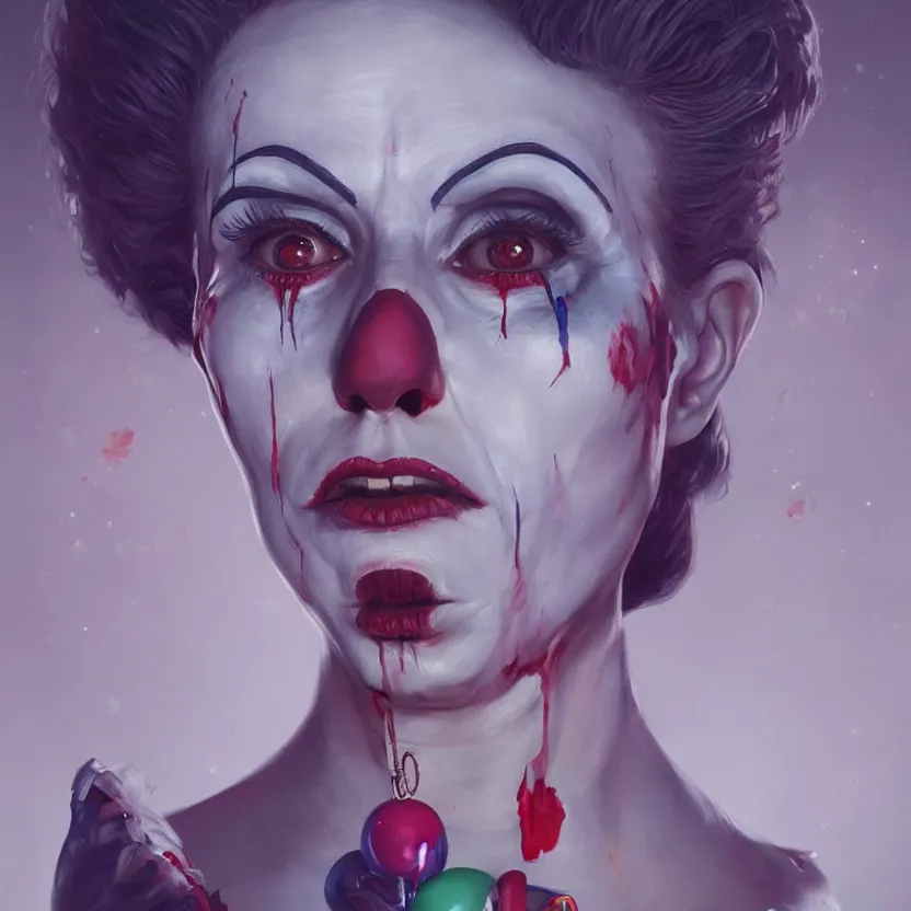 Image similar to hyperrealistic Delfina Gonzales as a killer clown from outer space, trending on artstation, portrait, sharp focus, illustration, art by artgerm and greg rutkowski and magali villeneuve