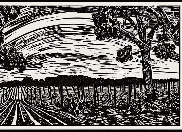 Image similar to wine label template, linocut vineyard landscape by greg rutkowski, fine details, highly detailed