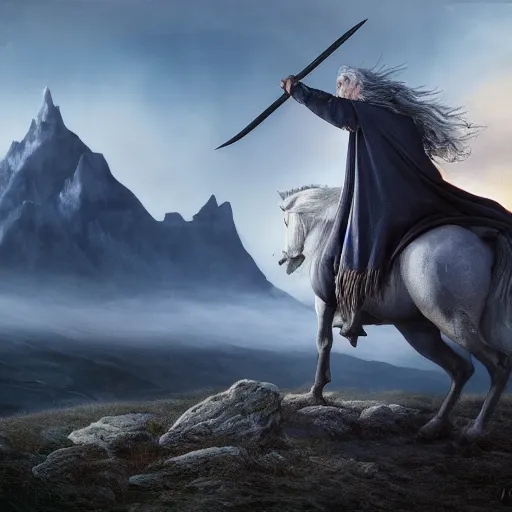 Prompt: Gandalf the grey on his horse protecting the city with magic from his staff from an imminent meteor strike, mountains in the distance, wide angle shot, hyper realistic painting, leica noctilux
