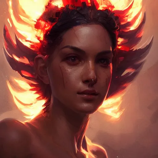 Image similar to a beautiful portrait of a fire goddess by greg rutkowski and raymond swanland, trending on artstation, flaming background, ultra realistic digital art