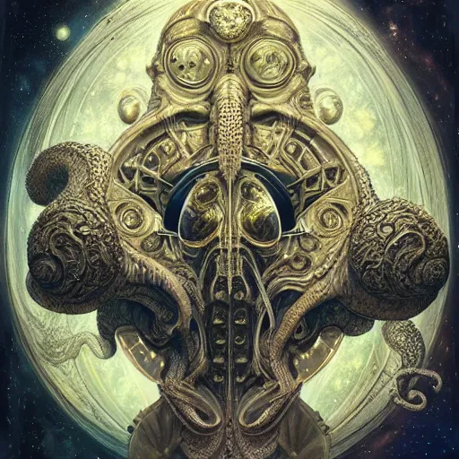 Prompt: a beautiful rendition of astronaut cthulhu, insanely detailed and intricate, golden ratio, hypermaximalist, elegant, ornate, luxury, elite, horror, creepy, ominous, haunting, matte painting, cinematic, cgsociety, james jean, brian froud, ross tran