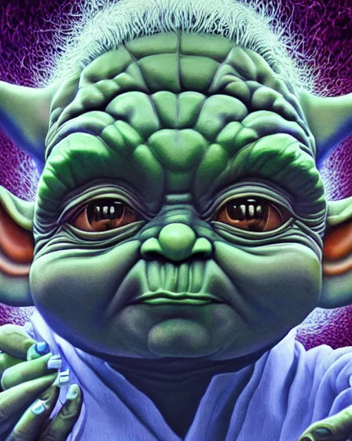 Image similar to portrait ultra dimensional baby yoda tripping on dmt, psychedelic experience, overwhelming self realization and awakening, ultra high definition, unreal engine 5, hyperrealism, masterpiece composition, surrealism by alex grey, salvador dali 8 k photorealistic