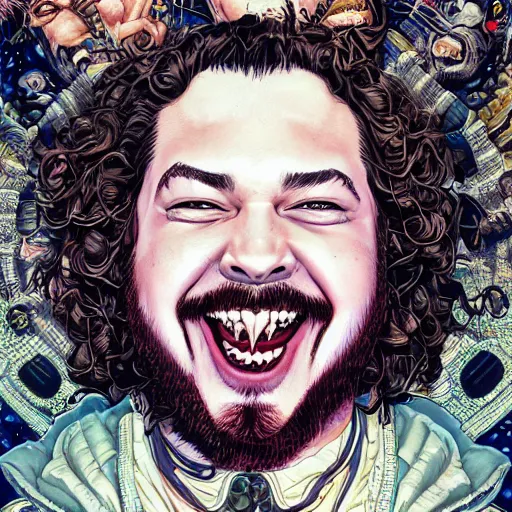 Image similar to portrait of post malone laughing, symmetrical, by yoichi hatakenaka, masamune shirow, josan gonzales and dan mumford, ayami kojima, takato yamamoto, barclay shaw, karol bak, yukito kishiro