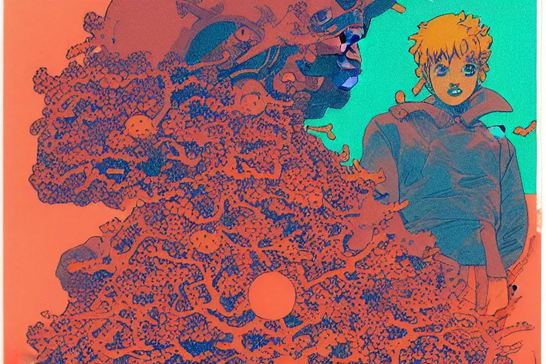 Prompt: risograph grainy drawing vintage sci - fi, satoshi kon color palette, gigantic gundam full - body covered in dead coral reef, 1 9 8 0, kodachrome, natural colors, codex seraphinianus painting by moebius and satoshi kon and dirk dzimirsky close - up portrait