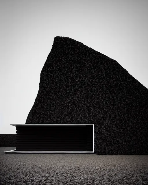 Image similar to tall black geometric house, embedded in lava cliff, full view, black house, molten metal house, minimal, rippled white landscape, dwarven architecture, light from molten iron, octane render, hyper realistic, 8 k, octane render