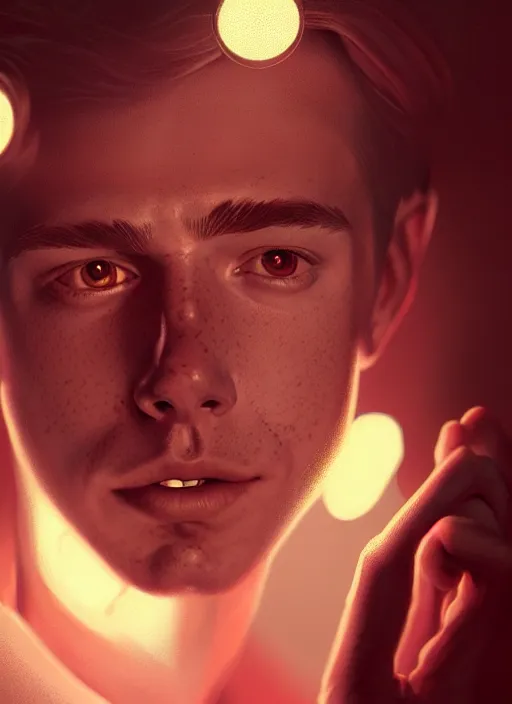 Image similar to portrait of archie andrews, freckles, intricate, elegant, glowing lights, highly detailed, digital painting, artstation, concept art, smooth, sharp focus, illustration, art by wlop, mars ravelo and greg rutkowski