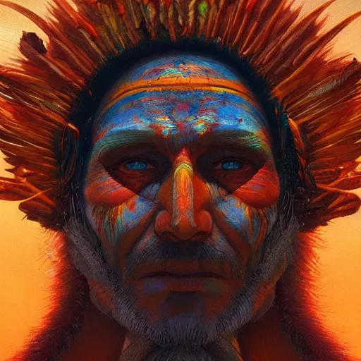 Prompt: ancient shaman staring intently at you, explosive color radiating from his mouth and eyes, by tyler edin and luke brown albert bierstadt moebius james gurney artstation