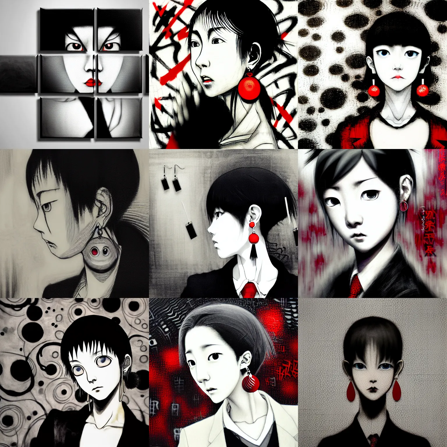 Prompt: black and white yoshitaka amano blurred and dreamy realistic three quarter angle portrait of a sinister young woman with short hair, big earrings and red eyes wearing office suit with tie, junji ito abstract patterns in the background, satoshi kon anime, noisy film grain effect, highly detailed, renaissance oil painting, weird portrait angle, blurred lost edges
