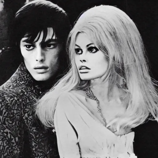 Image similar to 1 9 6 0 s symmetrical pretty elegant brigitte bardot as a vampire with alain delon, very detailed intricate intaglio, style of takato yamamoto lots of flowers