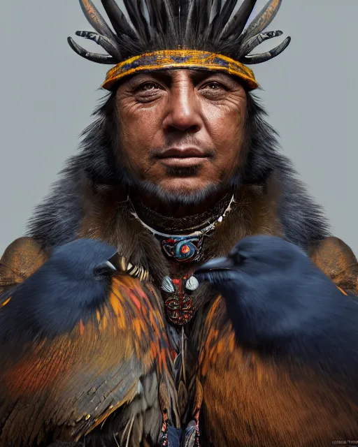 Image similar to headshot portrait of a shaman with raven features, cgsociety, detailed, unreal engine, textured, cinematic, character design