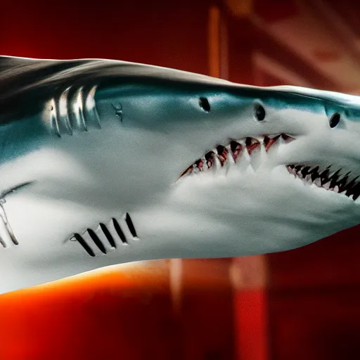 Image similar to film still of a shark in the style of iron man in the movie iron man, photography, 4 k