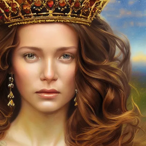 Prompt: a portrait of an queen, long brown hair, royal, queen crown, digital painting, artstation, concept art, donato giancola, Joseph Christian Leyendecker, WLOP, Boris Vallejo, Breathtaking, 8k resolution, extremely detailed, beautiful, establishing shot, artistic, hyperrealistic, beautiful face, octane render, cinematic lighting, dramatic lighting, masterpiece