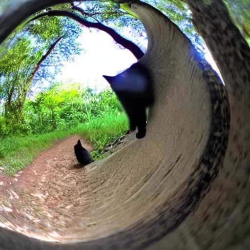 Prompt: cat on trail-cam, slight fish-eye lens