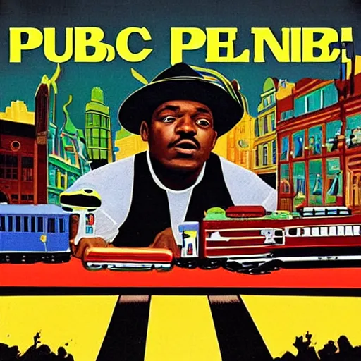 Image similar to album cover for public enemy playing with a toy train set eating hamburgers