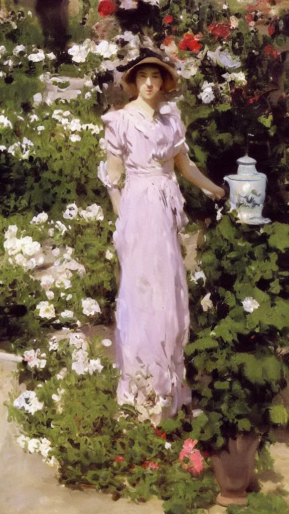 Prompt: beautiful young julee wear alace dress in a botanical yard set near a persian pot by john singer sargent