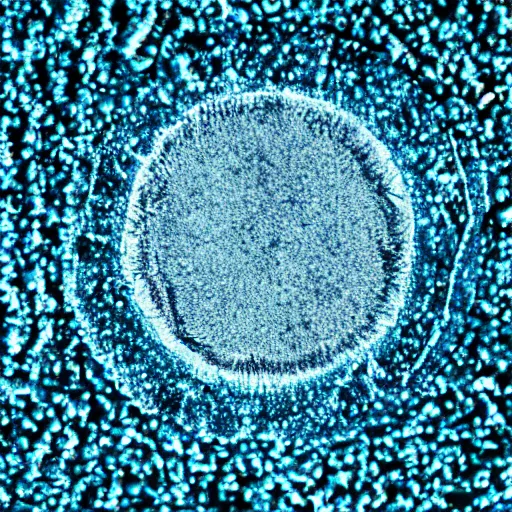 Prompt: microscopic petri dish photo of a transparent sectioned cobalt blue - green flagellated bacteria, aeruginosa, microscopic photo, macro, dark black background, fluids inside