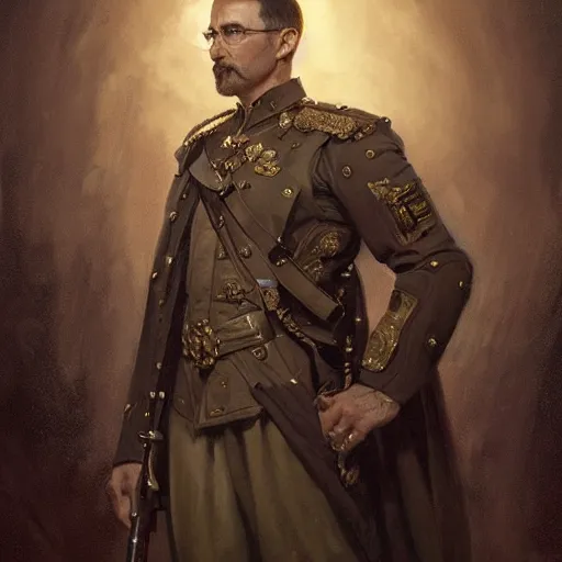 Image similar to portrait of stoic king john oliver, full body, military uniform, muscular, fantasy, intricate, elegant, beautiful, highly detailed, centered, dark, smokey, digital painting, artstation, concept art, smooth, sharp focus, illustration, art by artgerm and greg rutkowski and alphonse mucha