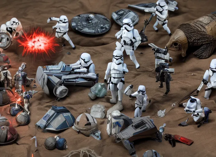 Prompt: a detailed photo of a diorama with star wars toys, macro photography, zoom