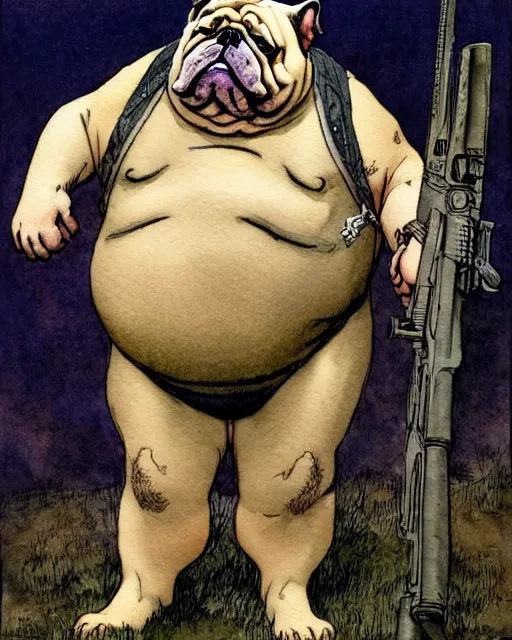 Prompt: a realistic and atmospheric watercolour fantasy character concept art portrait of a fat adorable dirty chibi bulldog wearing a wife beater and holding a rifle, by rebecca guay, michael kaluta, charles vess and jean moebius giraud