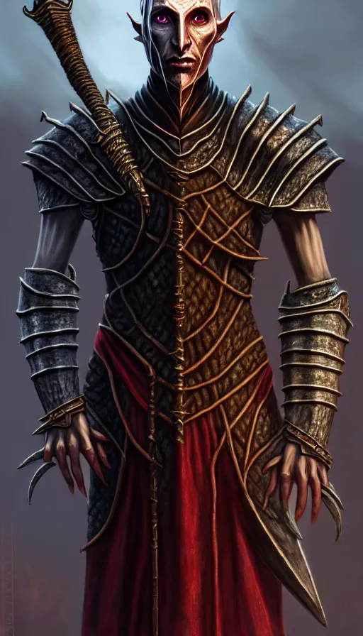 Prompt: hyperrealistic full body image of morrowind dunmer male nerevarine in front of balmora, red eyes, daedric script, telvanni, symmetrical face, handsome face, full body dnd character portrait, medieval armor, morrowind armor, oblivion armor, skyrim armor, eso armor, intricate, highly detailed, elegant, artstation, deviantart