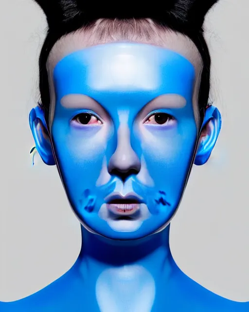 Image similar to symmetrical close - up portrait of a woman wearing a translucent silicone beauty mask and blue hair buns, wearing a black bodysuit by alexander mcqueen, blue background, soft diffused light, biotechnology, humanoide robot, bjork aesthetic, translucent, by rineke dijkstra, intricate details, highly detailed, masterpiece,