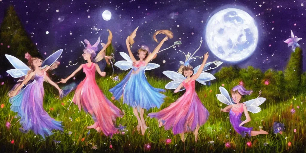 Prompt: fairies dancing in the moonlight,