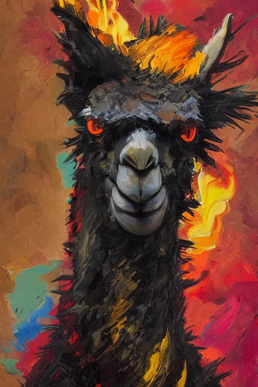 Prompt: Llama anthro portrait fire black red yellow orange llama portrait impasto oil painted daubed smoke flame fire army hellfire anton fadeev dug stanat simon stalenhag anato finnstark lucian freud nicola samori Frank Auerbach, llama, daily deviation