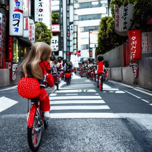 Prompt: tiny cute red dragons riding a bike in the streets of tokyo