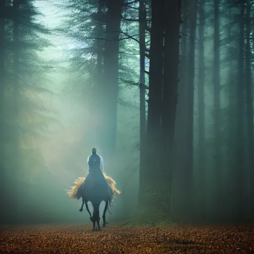 Image similar to a award winning photo of a horseman spirit running in a forest, volumetric light effect